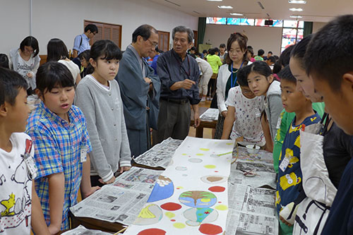 友禅作家 黒島 敏さんご指導の下　洛央小児童たちの友禅染作業を激励